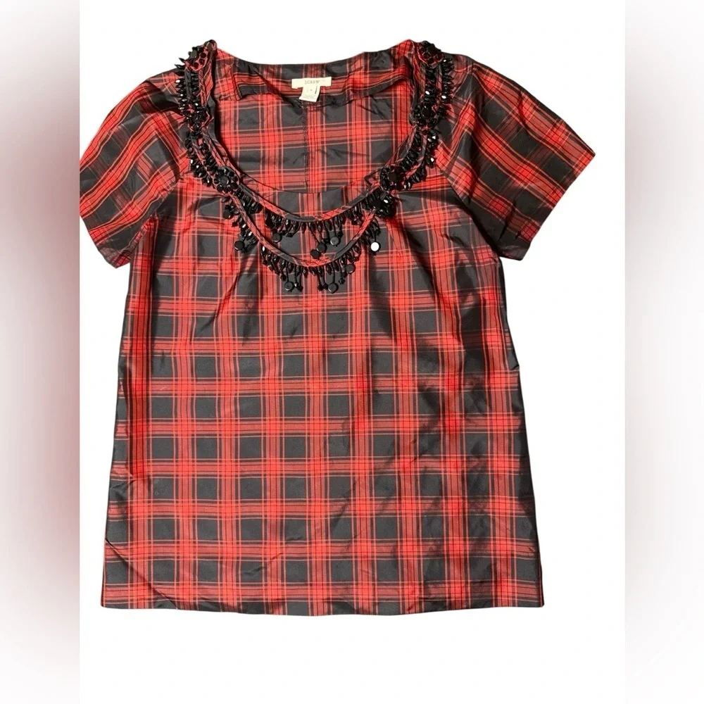 J.Crew Eliza Red & Black Plaid Silk Taffeta Top | Size 0
